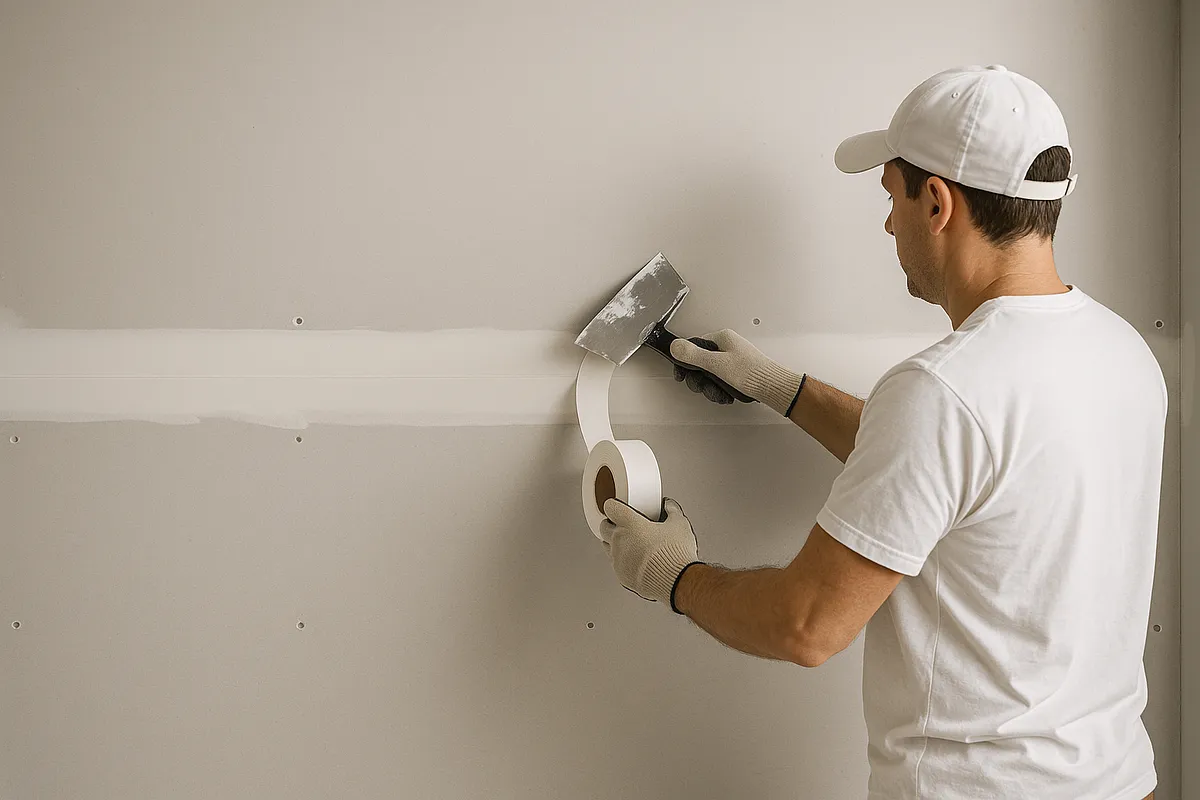 Tradesperson applying drywall tape and compound to a wall seam